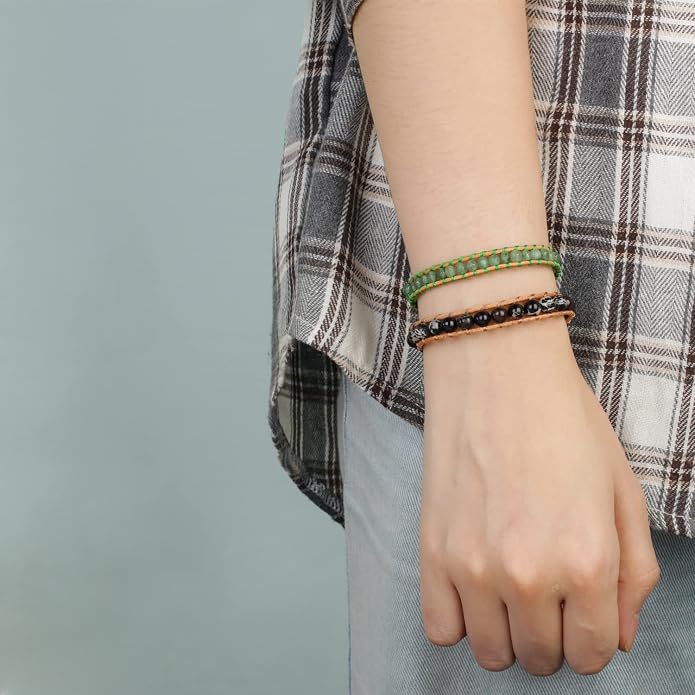 KELITCH Turquoise Mix Beaded Bracelets Single Wrap Bracelet on Brown Leather Handwoven New Jewelry