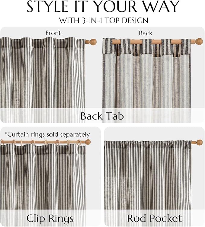 jinchan Linen Curtains 84 Inch Black Stripe on Beige Back Tab 4 Panels | Curtains For Living Room Bedroom,Ticking Stripe Pattern, Farmhouse Cottage Core Rustic,Window Treatment,Light Filtering