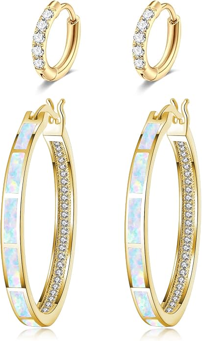 CiNily Opal Hoop Earrings,Women Jewelry Rhodium Plated/Rose Gold or Yellow Gold Plated Gemstone Big Hoop Earrings 32mm
