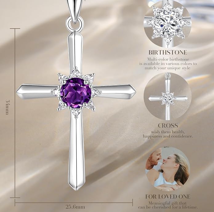 FANCIME Birthstone Cross Necklace for Women Sterling Silver Birthstone Necklace Halo Infinity Cross Pendant Necklace Fine Jewelry Valentines Day Gifts Birthday Holiday Gifts for Her, 16"+2" Inches