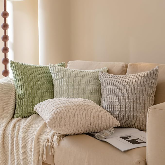 Softalker Throw Pillow Covers 16x16 Inch, Set of 4, Corduroy Soft Striped Farmhouse Boho Pillow Cover, Modern Decorative Cushion Pillow Case for Couch Sofa Bedroom Living Room, Green/Grey