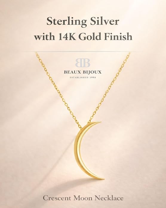 Sterling Silver Crescent Moon Necklace for Women - 925 Silver or 14k Gold Plated Silver, Half Moon Pendant Necklace for Women - 16-18 Inch Adjustable Chain