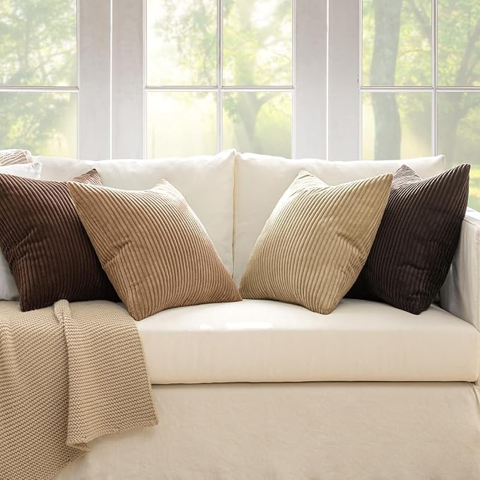 MIULEE Boho Farmhouse Throw Pillow Covers 20x20 Inch Set of 4 Rustic Mordern Neutral Cushion Covers Soft Corduroy Nordic Fall Home Decor for Couch Bed Sofa Living Room Dark Brown