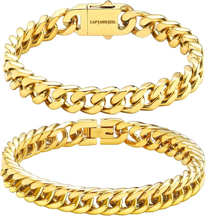 CaptainSteeL 2Pcs Cuban Link Chain Bracelet Set - Stainless Steel Bracelet, Gold Plating, Fashion Jewelry for Men, Women, Boyfriend, Lover, 7.5/8.3/9 Inches