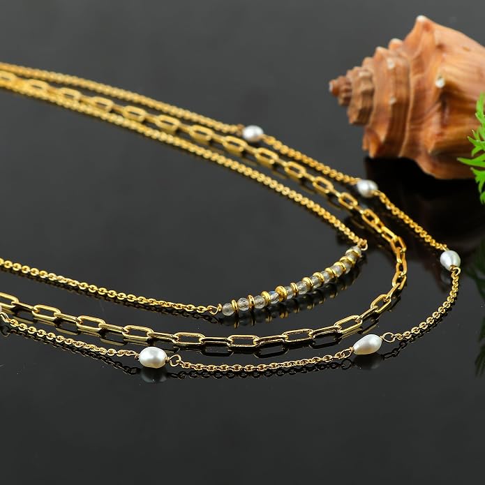 Beads With Pearl 3 Layered Necklaces for Women 14k Gold Plated Dainty Stackable Choker Necklaces for Women Trendy Layering, Cuban Link, Paperclip Chain, For Women Gifts