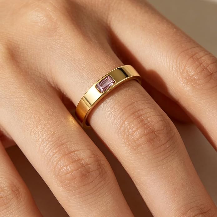 Birthstone Rings for Women 14K Gold Plated Stackable Band Non Tarnish Gold Rings Hypoallergenic Anniversary Mother's Day Christmas Gift for Her