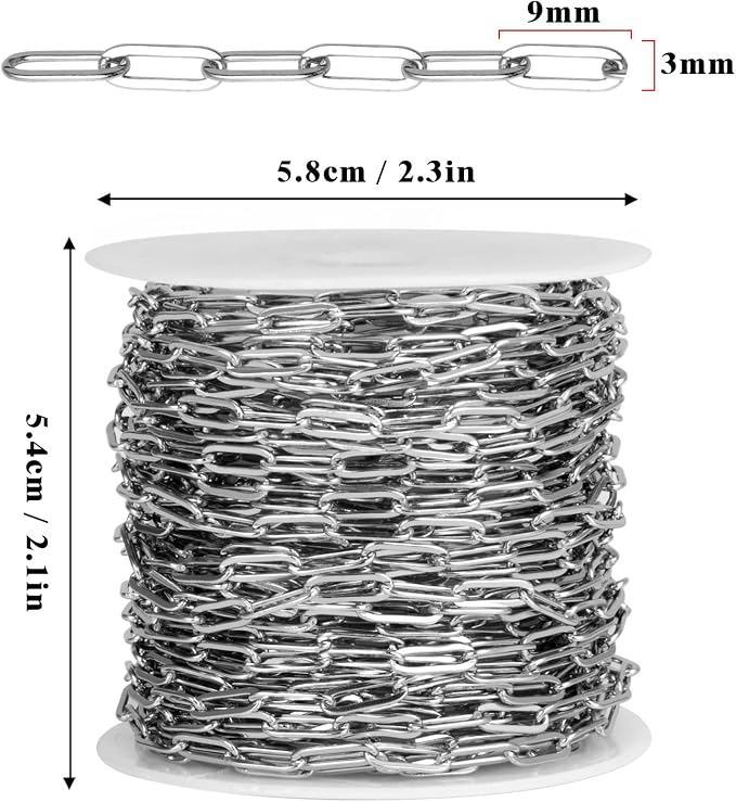 [33 Ft] Stainless Steel Paperclip Chains Roll, 3mm Width 304 Stainless Steel Oval Link Chains Spool Bulk for Jewelry Making