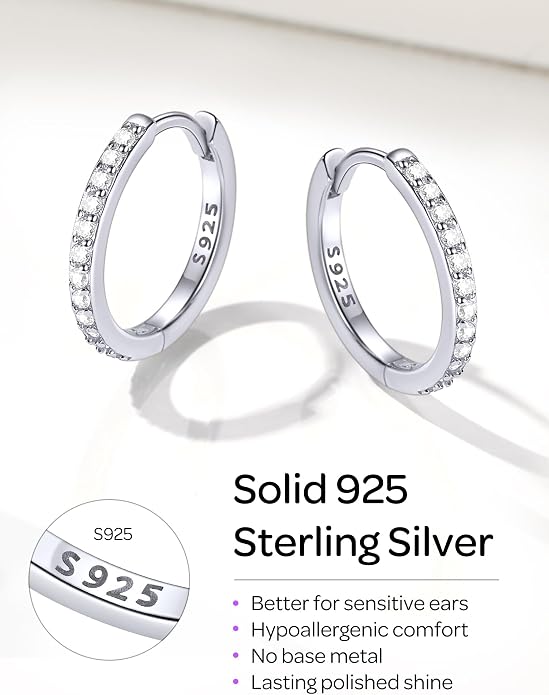 ChicSilver 925 Sterling Silver Huggie Earrings for Women 14K Gold Plated Silver Hoop Earrings for Women Hypoallergenic Small Cubic Zirconia Huggie Earring (6/8/10/12/14/16/18/20mm)