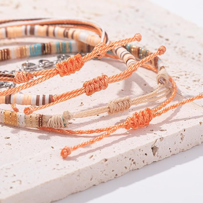 FANCY SHINY Waterproof String Anklets Boho Clay Beads Ankle Bracelets Cute Cloth Stainless Steel Coin Anklet Set Beach Summer Jewelry for Women