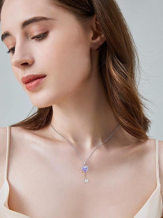 OCJ Zodiac Necklace for Women 925 Sterling Silver Rose Flower Key Pendant Necklaces Zodiac Birthstone Jewelry Wife Birthday Anniversary Christmas Gifts for Her