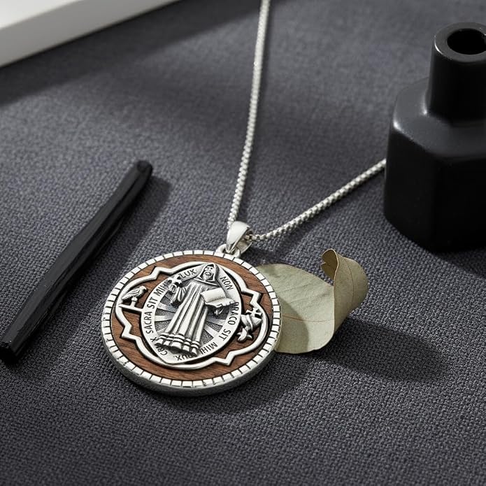 ONEFINITY Wooden Necklace Viking Wolf/St Benedict Medals/St Michael/Crucifix/St Christopher Pendant Necklace for Men Archangel Amulet Wooden Religious Jewelry Gifts for Men Women