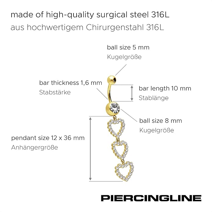 PIERCINGLINE Surgical Steel Belly Button Ring 3 Crystal Hearts - Belly Piercing Navel Piercing Jewelry in 3 stylish colors