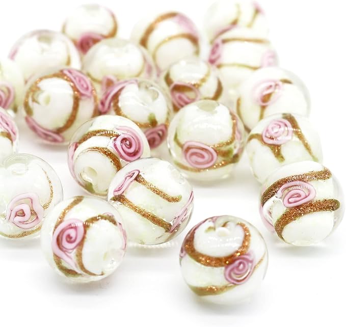 Artsy Crafts 20 Pcs Assorted Glow in The Dark Firefly Beads 12mm European Lampwork Luminous Glass Beads for Jewelry Making Charm Bracelet Necklace Earrings Crafts (White Rose 20pcs)