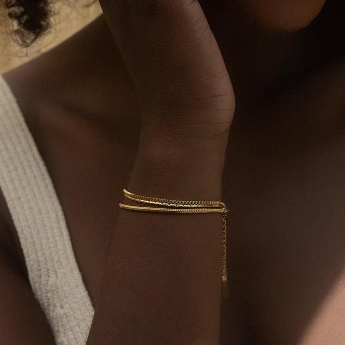 Mens Bracelet - Dainty Gold/Silver Chain Bracelet Stack 14K Gold Plated Silver Bracelets for Men Stainless Steel Adjustable Cross Charm Cuban Link Bracelet Snake Jewelry Set to Men Dad Birthday Day