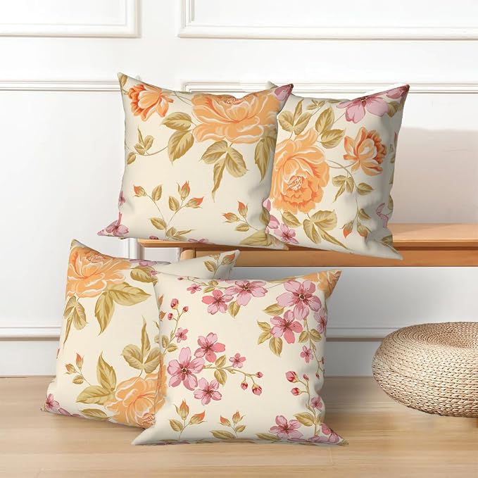 Spring Flower Throw Pillow Covers 26"x26" Set of 4, Vintage Yellow Floral Pillowcases Countryside Cushion Cases for Chair Sofa Bed Living Room Garden Car Indoor Outdoor Home Decoration
