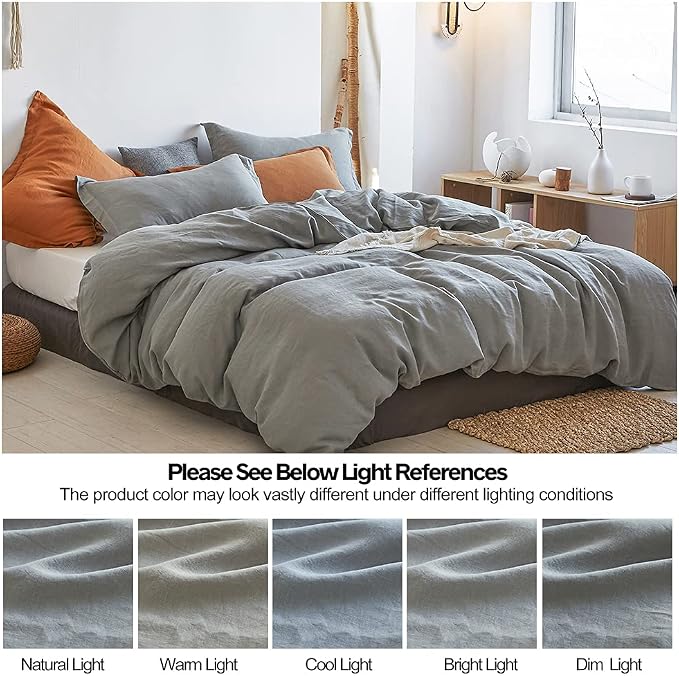 Simple&Opulence 100% Linen Duvet Cover Set 2pcs Basic Style Natural French Washed Flax Solid Color Soft Breathable Farmhouse Bedding with Button Closure - Ultimate Grey, Twin
