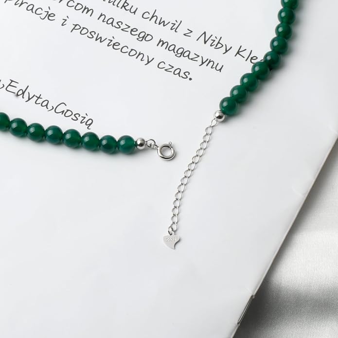 Kakikaki Natural Agate Choker Necklace Sterling Silver Round Beads Strand Necklace for Women