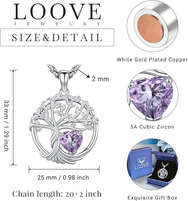 Birthstone Tree of Life Necklace for Women Heart Crystal Pendant Silver Plated Birthday Anniversary Jewelry for Wife, Mom, and Her