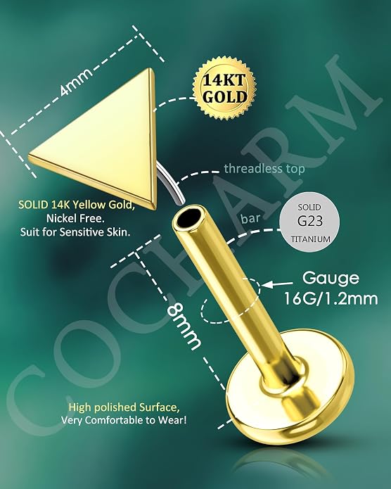 COCHARM 14K Real Gold Helix Tragus Cartilage Piercing Jewelry-Titanium Post-Threadless Tragus Conch Cartilage Earring Stud Flat Back 16g Labret Stud 6mm, 8mm Push Pin Triangle Medusa Jewelry