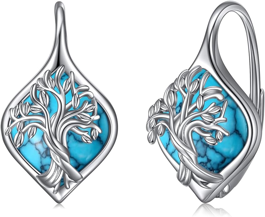 WINNICACA Leverback Earrings for Women 925 Sterling Silver Tree of Life Earrings Dangle Drop Turquoise Moonstone Moss Agate Heart Jewelry Gifts for Women Her Wife Anniversary Birthday Gifts