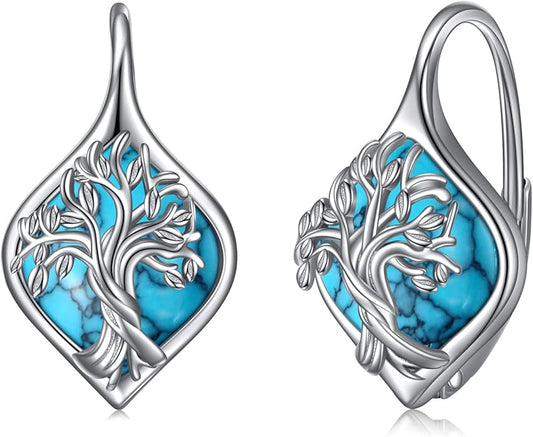 WINNICACA Leverback Earrings for Women 925 Sterling Silver Tree of Life Earrings Dangle Drop Turquoise Moonstone Moss Agate Heart Jewelry Gifts for Women Her Wife Anniversary Birthday Gifts
