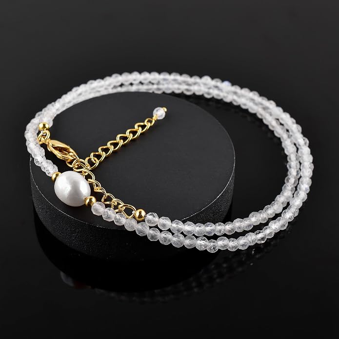 InfinityGemsArt Gemstone Gold Necklace For Women, Birthstone Natural Crystal Stone With Freshwater Pearl Beaded Jewelry, Gold Plated 18 Inch Chain