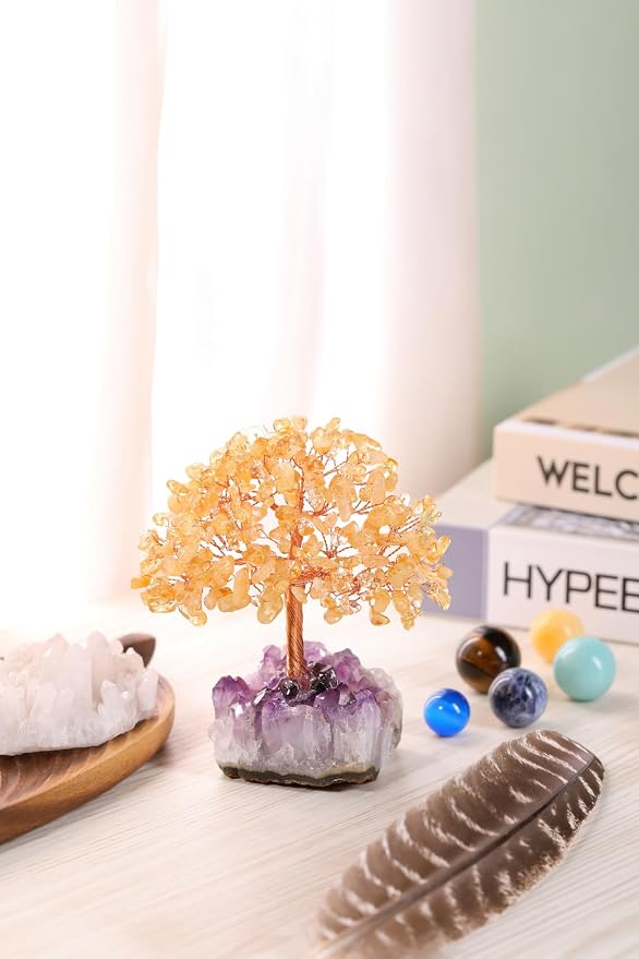 Jovivi Natural Citrine Healing Crystal Money Tree on Amethyst Cluster Geode Druzy Base Feng Shui Crystals for Home Office Desk Decorations, Wealth, Good Luck