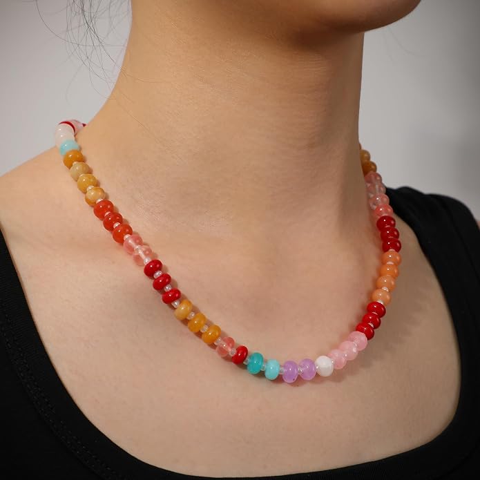 LALAPPLE Colorful Beaded Gemstone Necklace for Women, Boho Rainbow Bead Choker with Natural Stone Crystal Beads, Handmade Summer Beach Necklace Jewelry