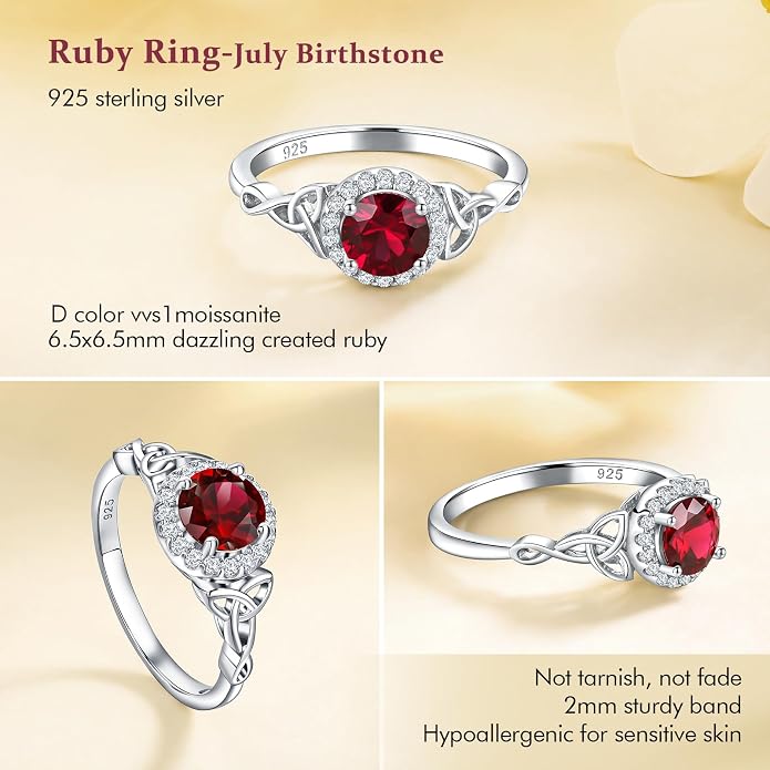 DAYBYDAY Celtic Birthstone Rings for Women 925 Sterling Silver Heart/Round/Pear/Oval Created Gemstone Moissanite Halo Engagement Promise Rings for Her Wife Birthday Anniversary Wedding Jewelry