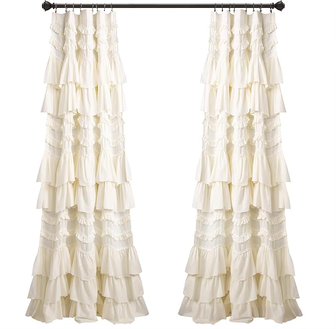 Lush Decor Kemmy Light Filtering Window Curtain Panel Single 52" W x 95" L Ivory - Drapes - Ruffled Curtains for Bedroom - Cream Curtains - Coquette Decor