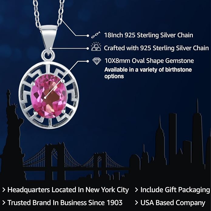 Gem Stone King 925 Sterling Silver 10X8MM Oval Gemstone Birthstone Necklace | Greek Key Pendant Necklace for Women | With 18 Inch Silver Chain