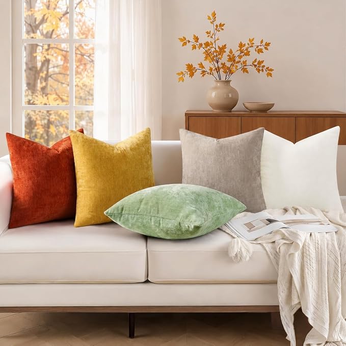 decorUhome Soft Chenille Mineral Yellow Throw Pillow Covers 16X16 Set of 2 | Decorative Fall Couch Pillow Covers Solid Dyed Accent Modern Farmhouse Neutral Square Pillow Cases for Sofa
