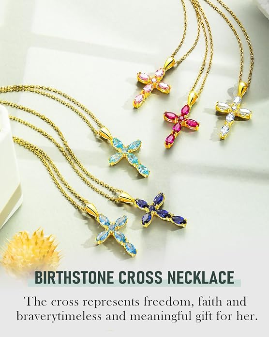 14K Gold Plated 925 Sterling Silver Birthstone Cross Necklace for Women Men
