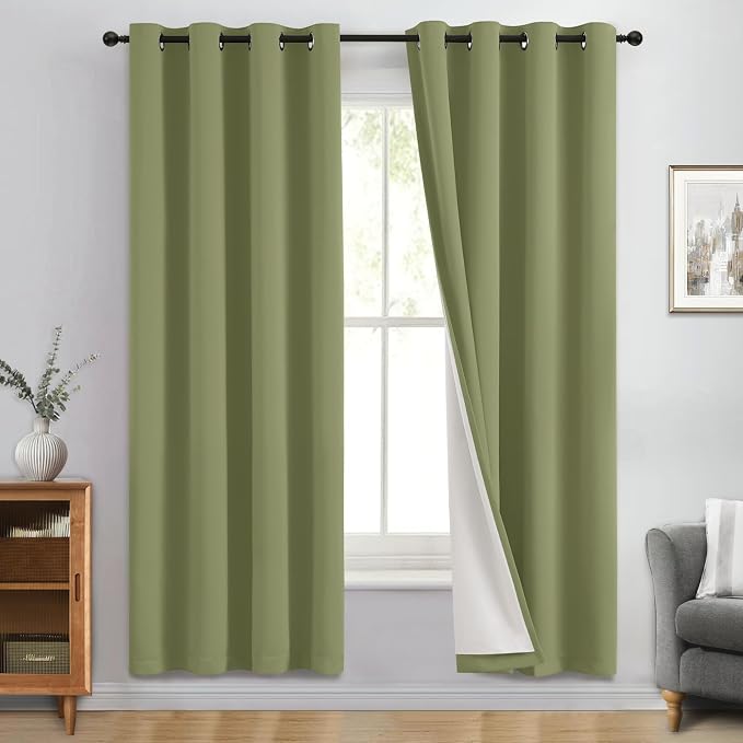 Yakamok Sage Blackout Curtains 72 Inches Long for Bedroom 50" Wide 2 Panel | Blackout Curtain Panels for Bedroom, 2 Thick Layers Grommet Top Thermal Insulated Drapes with White Back for Living Room