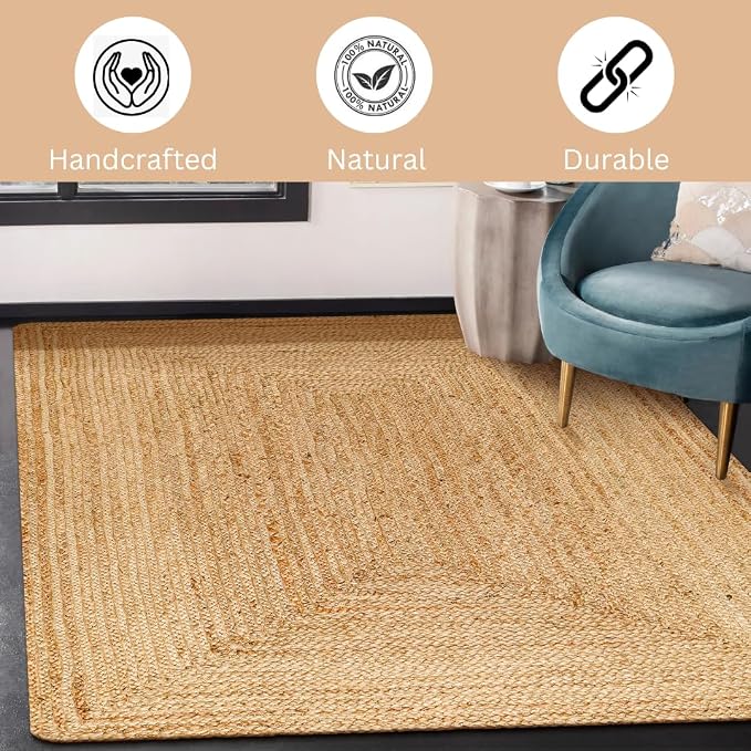 Handcrafted Jute Braided Rug 4x6 Feet - 100% Natural Jute Area Rug - Rustic Farmhouse Boho Accent Rug for Living Room Bedroom Kitchen Hallway Entryway Reversible Handwoven Floor Rug