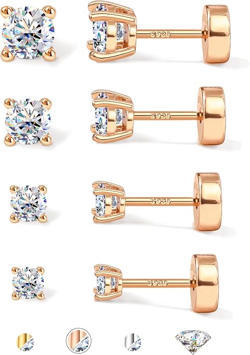 GEMQUEEN 3/4 Pairs Moissanite Earrings Studs 14K Gold Plated S925 Sterling Silver Flat Back Earring for Women Men - Hypoallergenic Set Cartilage Helix Piercing Jewelry Trendy D Color VVS1