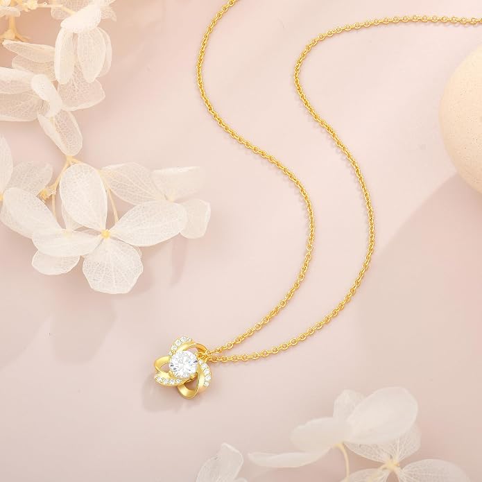 18K Gold Plated Love Knot Necklace for Women, 925 Sterling Silver Round cut Birthstone Pendant Necklace With Chain Lucky Flower Jewelry Gift