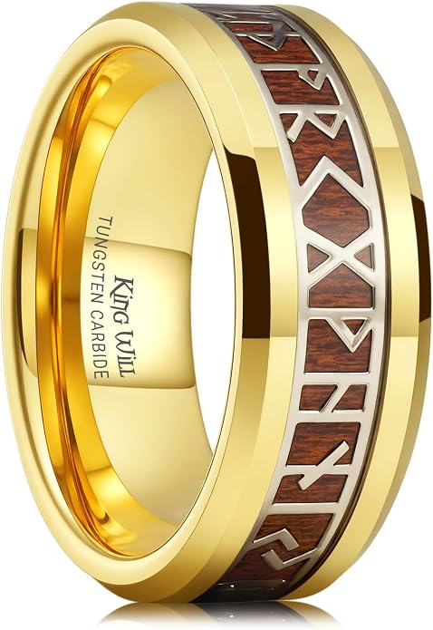 King Will Tungsten Carbide Wedding Band for Men - 8mm Black/Silver/Gold Plated with Norse Viking Rune & Hawaii Koa Wood Inlay Mens Ring, Polished Beveled Edge for Daily Wear, Comfort Fit Size 7-14