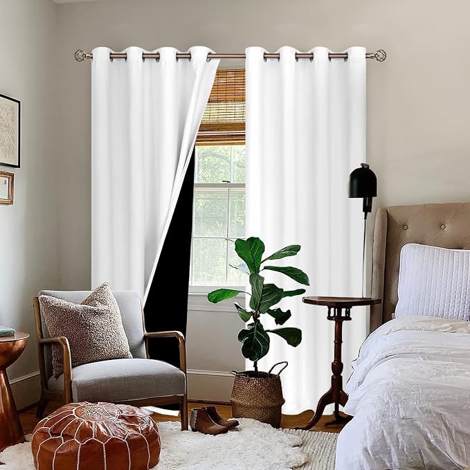BGment Thermal Insulated 100% Blackout Curtains for Bedroom with Black Liner, Double Layer Full Room Darkening Noise Reducing Grommet Curtain (55 x 96 Inch, White, 2 Panels)