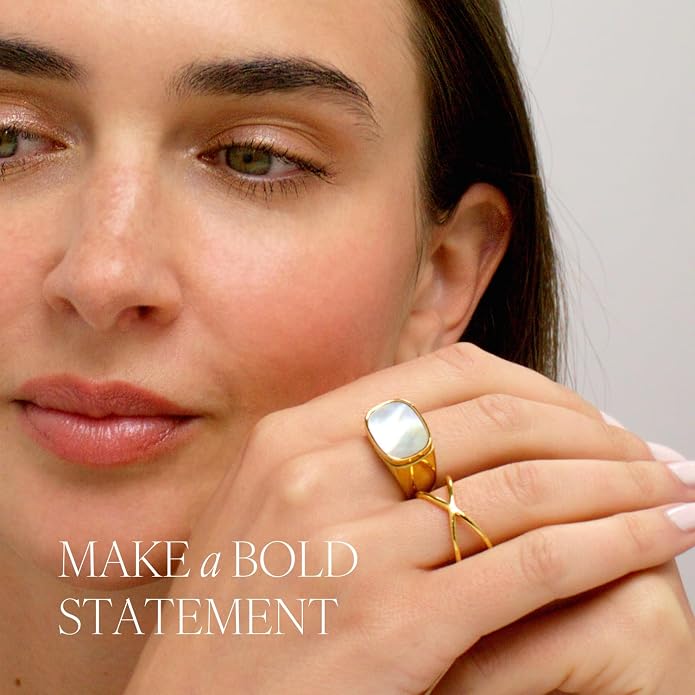 Chunky Statement Rings for Women, Wide Signet Dome Croissant Twist Band Non-Tarnish 18k Gold Plated Stainless Steel Size 5-11