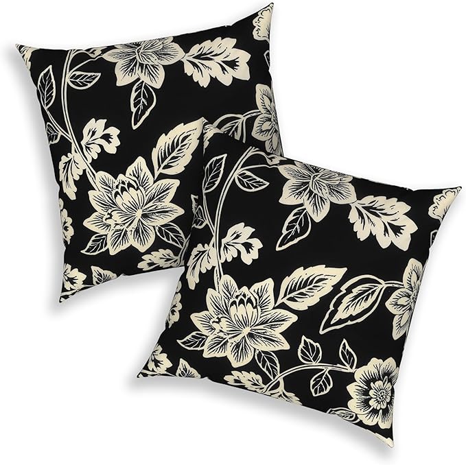 Outdoor 20x20 Inch Throw Pillows with Inners, Square Pillows Decorative Set of 2 for Home Garden Furniture, Elegant Vines Black