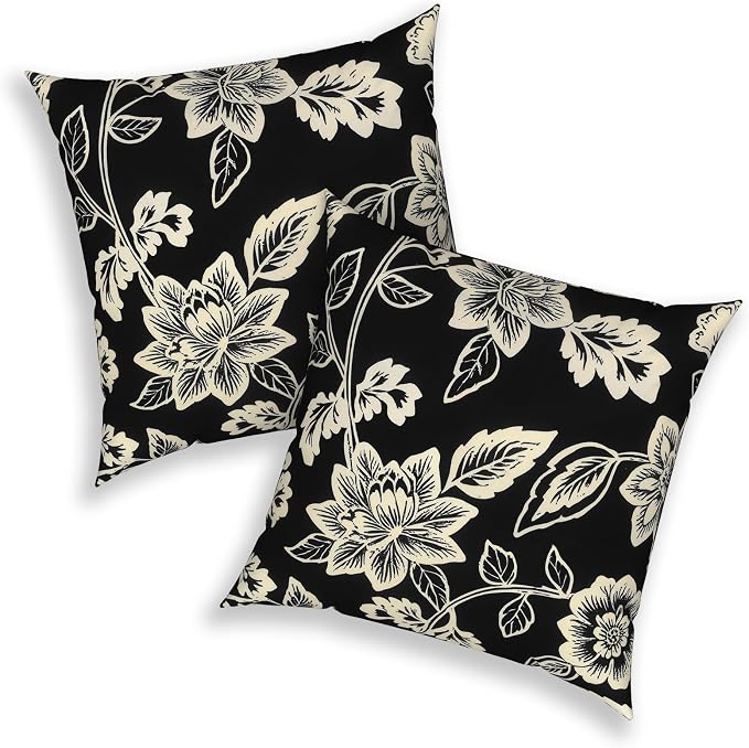 20x20 Inch Pack of 2 Patio Throw Pillow Covers ONLY, Water Repellent Cushion Cases, Square Pillowcases for Outdoor Couch Decoration, Elegant Vines Black