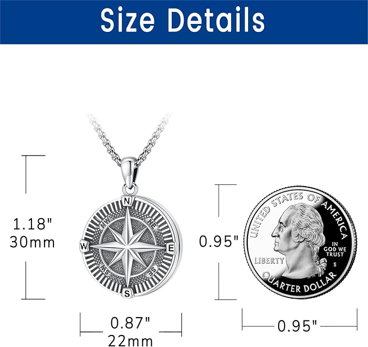 Compass Necklace for Women Men 925 Sterling Silver Pendant Urn Necklaces for Ashes Picture Locket Necklace Anchor Necklace Viking Necklace Crystals CZ Moonstone Abalone Shell Turquoise Compass Jewelry