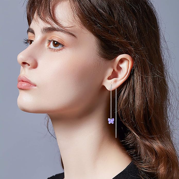 AOBOCO Heart/Butterfly/Cube Threader Dangle Drop Earrings - 925 Sterling Silver Long Chain Earring for Women Baroque Hook Drop Earrings Crystals from Austria