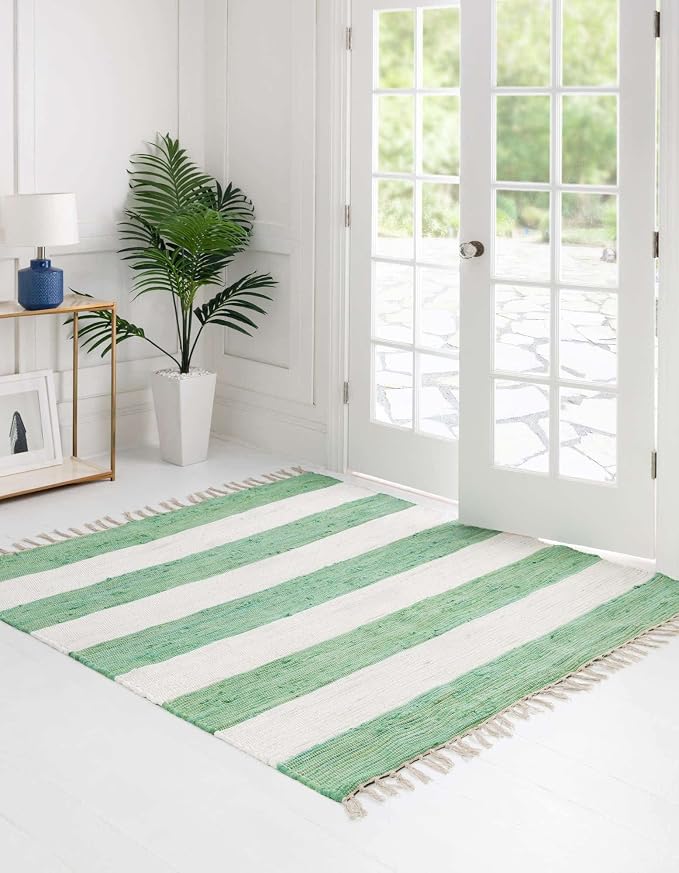 Unique Loom Chindi Rag Collection Area Rug - Striped (5' 1" Square, Green and Ivory)