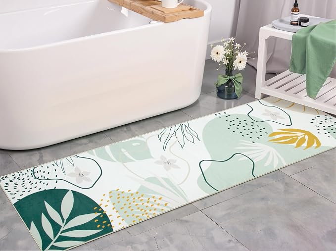 Lahome Green Hallway Runner - 2x7 Washable Non-Slip Runner Rug Throw Lightweight Soft Bathroom Runner Rug, Boho Botanical Print Indoor Carpet Runner for Bedroom Kitchen Entrance Laundry Living Room