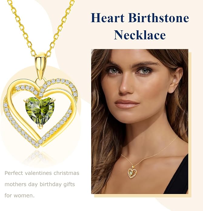 Anniversary Charm Necklace, Sterling Silver 14K Gold Plated Chain with Interlocking Heart Pendant Elegant Birthstone Necklaces for Women, Length 18"
