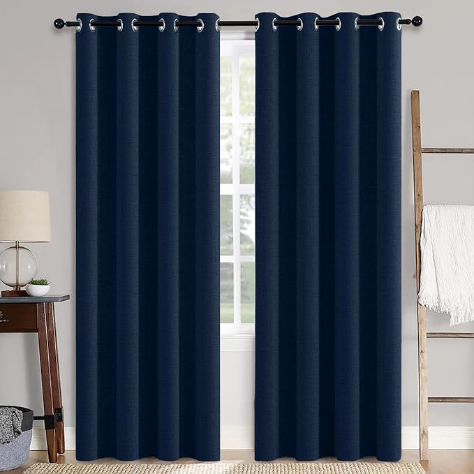 MIULEE 90 Inches Linen Textured Curtains for Bedroom 100% Blackout Thermal Insulated Midnight Blue Grommet Room Darkening Curtains & Drapes Luxury Decor for Living Room 52 x 90 Inch (2 Panels)