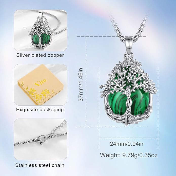 Vito Tree of Life Necklace for Women Men, Silver Plated Copper Teardrop Moonstone/Obsidian/Turquoise/Amethyst/Malachite Crystal Tree Necklace Protection Energy Amulet Jewelry Gift for Mom Wife, 20+2"