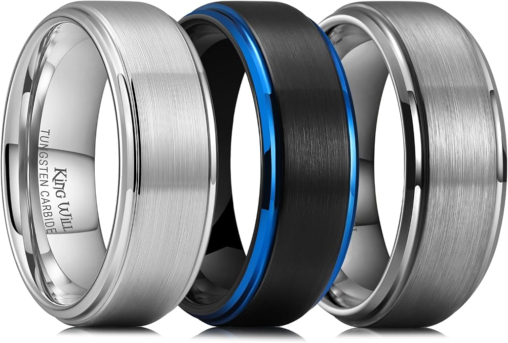 King Will Classic Tungsten Wedding Band for Men, 6/7/8/9/10mm Widths, Polished Finish Step Edge Matte Rings Comfort Fit